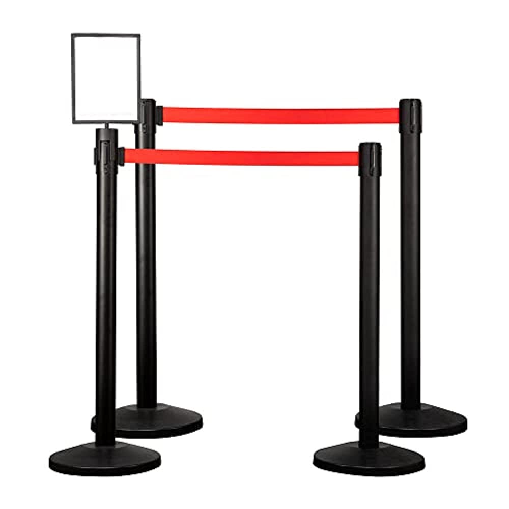 Qbuster Black Stanchions with Retractable Belts, Crowd Control Safety Barrier with 11’ Red Belts, 1 Sign Holder, Set of 4 Posts