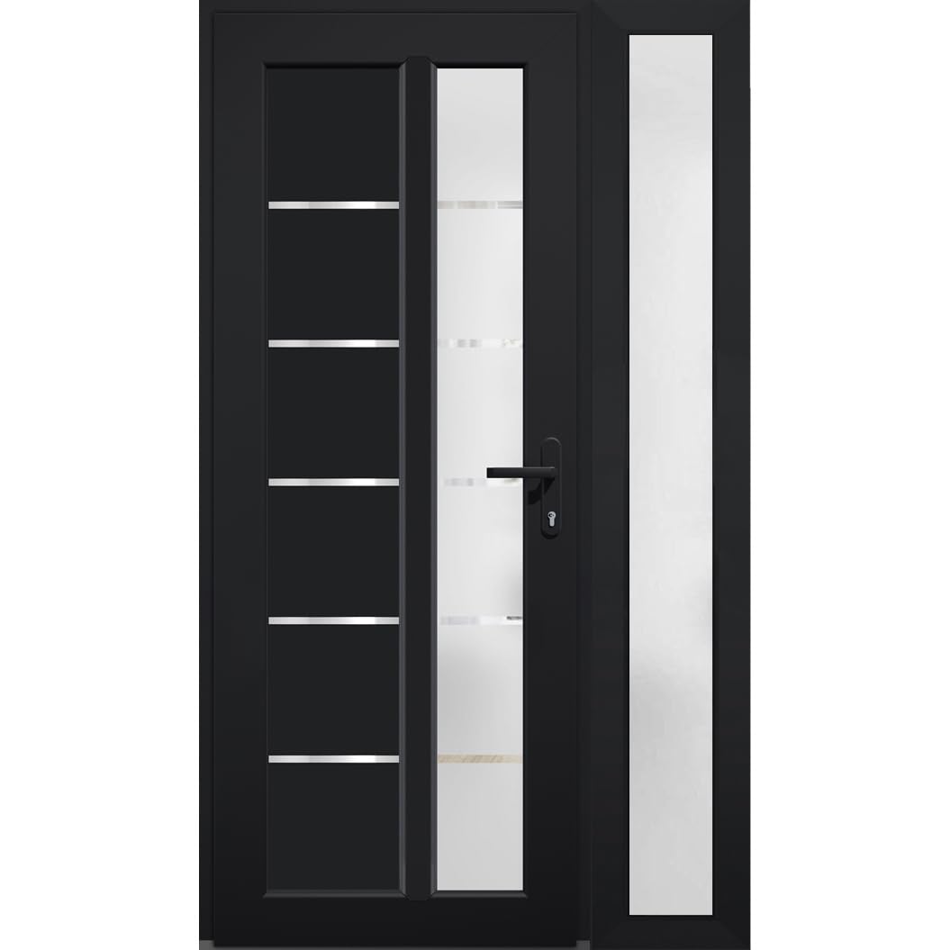 VDOMDOORS Front Exterior Prehung Fiberglass Door Frosted Glass/Manux 8088 Matte Black/Side Exterior Window/Entrance Patio Garage-W30+12" x H80-Left-hand Inswing