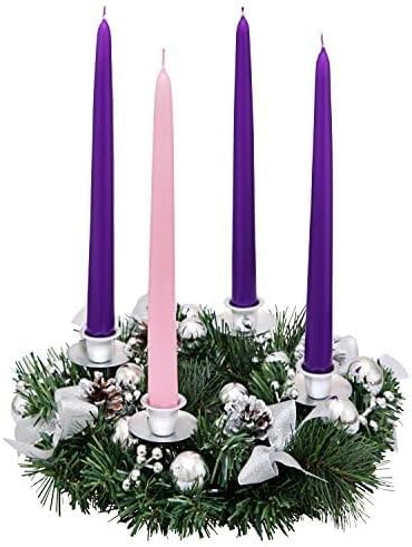Silver Ribbon Advent Wreath - Festive Centerpiece Décor with Candle Holder & Christmas Candles