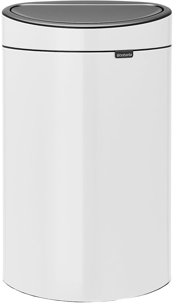 Brabantia Press-Top Kitchen Trash Can with Flat Back | White | 10.6 Gallon / 40L | Home Trash Can with Soft-Touch Stay-Open Lid & Removable Inner Bucket | Fits Flat Against Walls | + Trash Bags