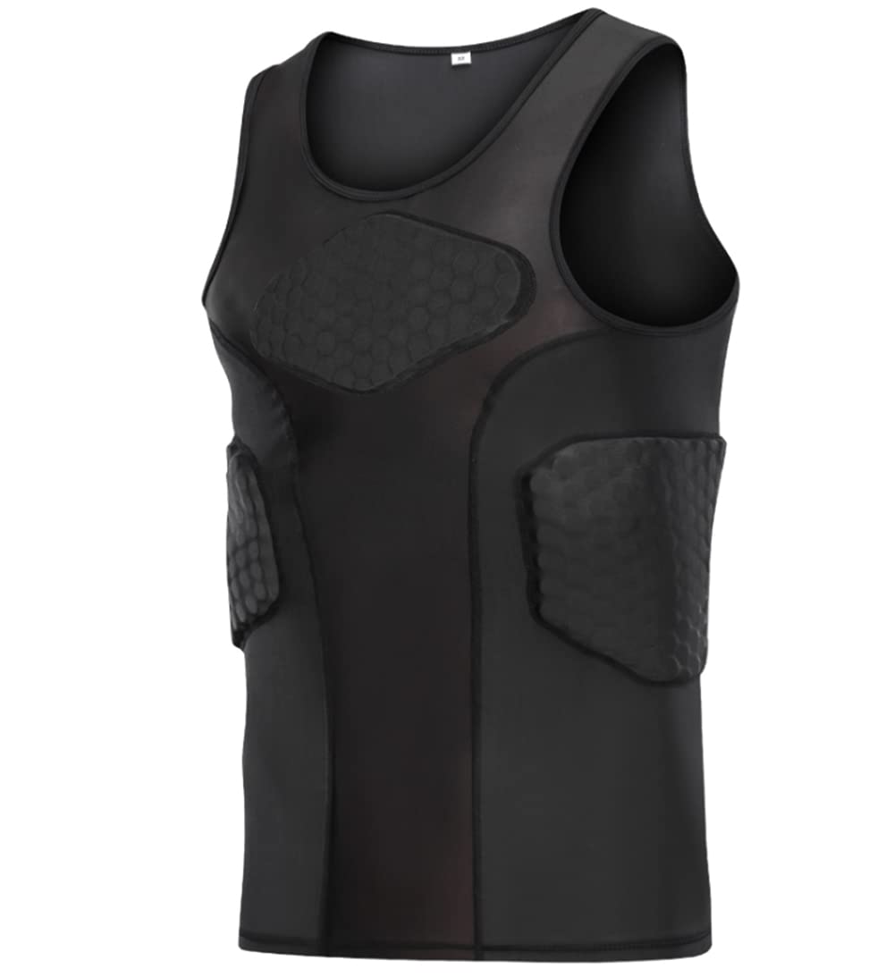 Adult Padded Compression Shirt Training Vest (4-Pad) Sleeveless T-Shirt Ribs, Back Protector Tank- Football Soccer Basketball Hockey Protective Gear
