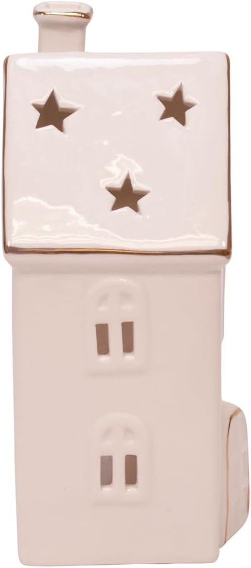 Mark Feldstein & Associates Holiday Tea Light Village House Figurines - White Porcelain with Gold Trim, Set of 3, 8 Inch