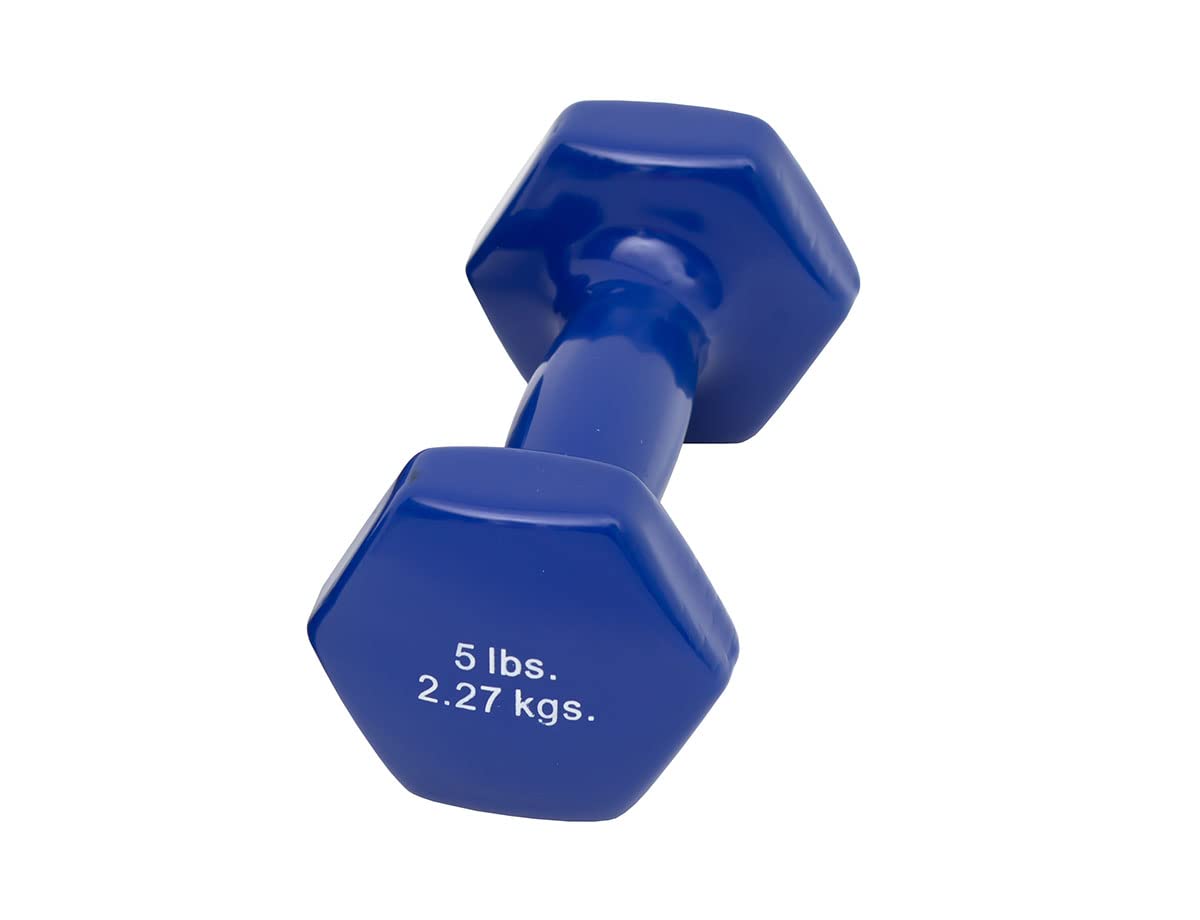 CanDo Vinyl Coated Dumbbell Blue 5 lb Single 1pc Handheld Weight for Muscle Training and Workouts, Color Coded Anti-Roll Home Gym Equipment, Beginner and Pro…