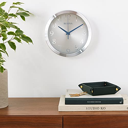 Bulova Winston Wall Clock C4844 | 10" Diameter | Metal Design with Diamond Cut Edges | Silent Sweep Quartz Movement | Easy-to-Read Arabic Numerals