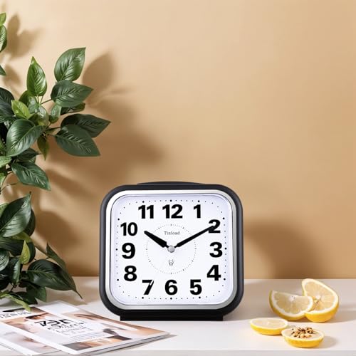 Tinload 5.5" Large No Ticking Analog Alarm Clock,Silent Readable for Seniors,Easy to Set,Gradual Rise Alarm,Big Numbers,Gentle Wake,Snooze, Lighted on Demand,Battery Operated,Black