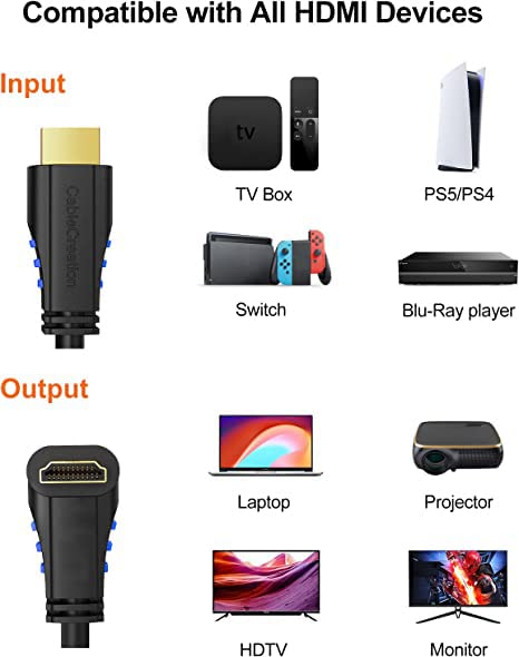 4K 270 4K@60HZ 6ft CableCreation HDMI Cable Right Angle Degree Upward - Supports Ultra HD for Gaming, Streaming