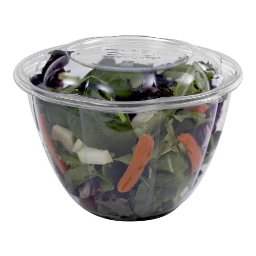 Eco-Products Compostable 48oz Clear PLA Plastic Large Salad Bowl With Lid, Case of 150, Grab 'n' Go Round Cold Takeout Food Containers, Renewable Plant-Based, Disposable, ASTM Compliant, BPI-Certified