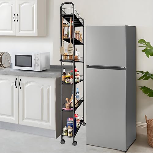 Seadasyoon 6in 6 Tier Slim Storage Cart with Wheels, Black Narrow Space Rolling Shelving Unit with Handle, Metal Wire Mobile Organizer Rack for Kitchen Bathroom Office Laundry