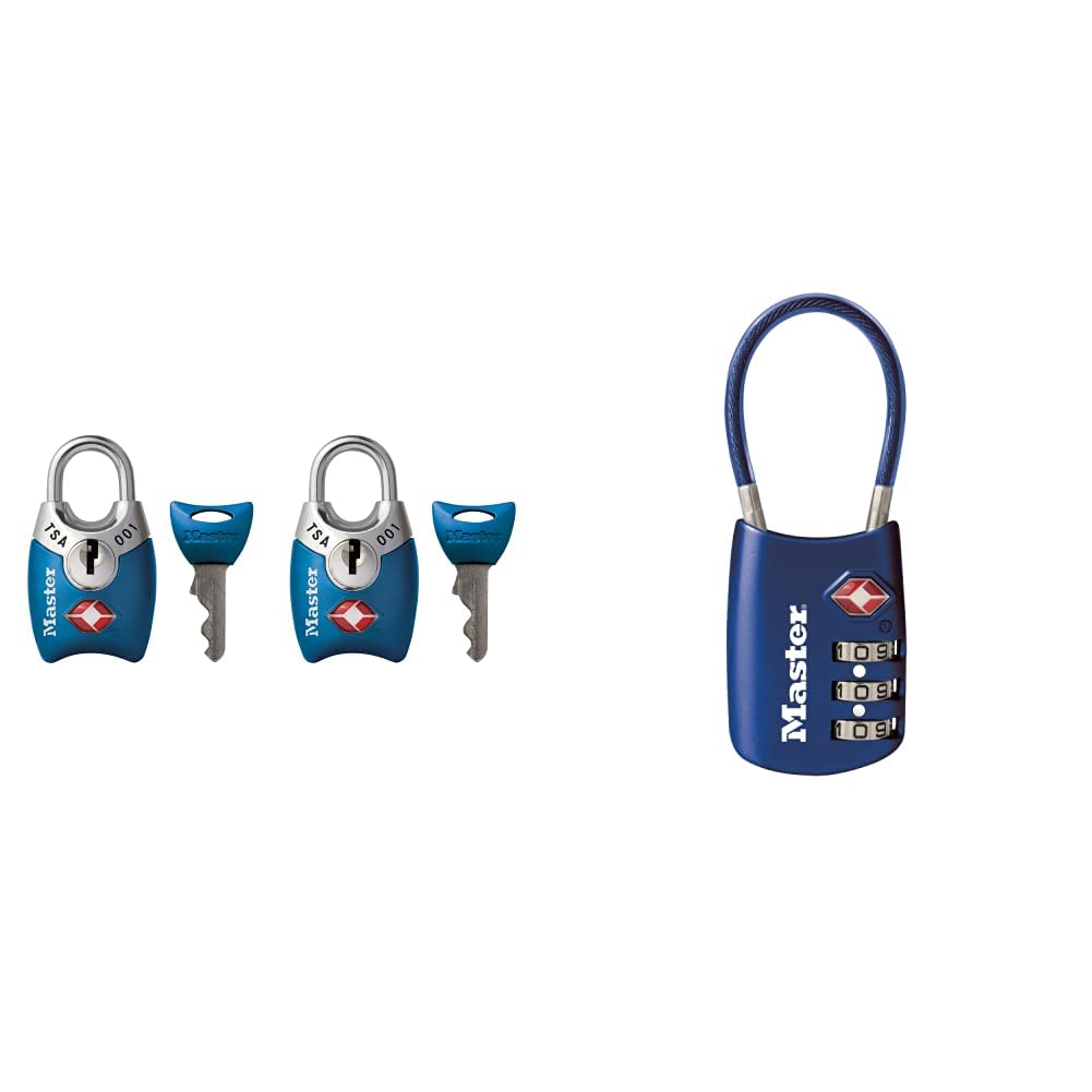 Master Lock 4689T TSA Approved Keyed Lock, 2 Pack, Colors May Vary & 4688D Set Your Own Combination TSA Approved Luggage Lock, 1 Pack, Blue