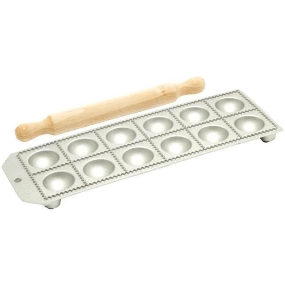 12-Hole Aluminum Round Ravioli Maker with Rolling Pin