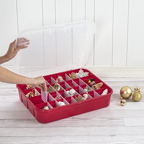 Sterilite Red Holiday Ornament Storage Container - Adjustable Organizer for 32 Ornaments