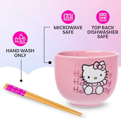 Silver Buffalo Sanrio Hello Kitty Waving Pink Ceramic Ramen Noodle Rice Bowl with Chopsticks, Microwave Safe, 20 Ounces,