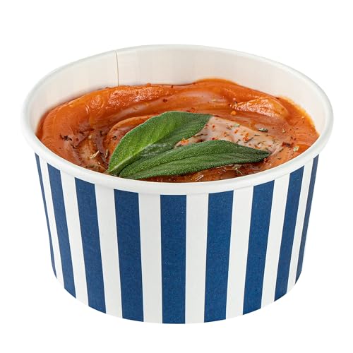 Restaurantware Coppetta 8 Ounce Dessert Cups, 200 Disposable Ice Cream Cups - Lids Sold Separately, Sturdy, Blue And White Paper FroYo Bowls, Striped, For Hot And Cold Foods, Perfect For Gelato
