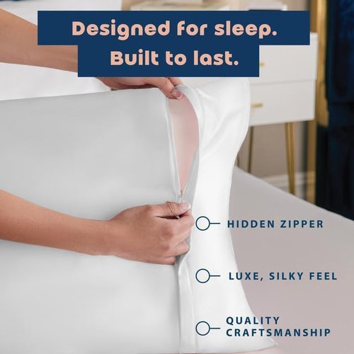 BLISSFORD Satin Pillowcase - Soft Zippered Design for Hair & Skin Care | White Satin, Standard Size - Set of 2