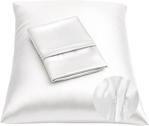 BLISSFORD Satin Pillowcase - Soft Zippered Design for Hair & Skin Care | White Satin, Standard Size - Set of 2