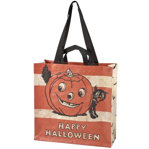 Primitives by Kathy double-sided market tote from our Halloween Collection displaying a vintage design of a jack o'lantern and black cat above a "Happy Halloween" sentiment.
