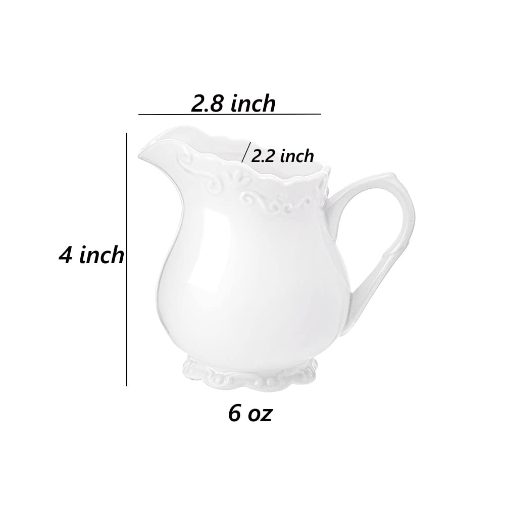 Sizikato Pure White Porcelain Creamer Pitcher with Handle, 6oz Embossed Ceramic Serving Pitcher for Tea Coffee Milk.