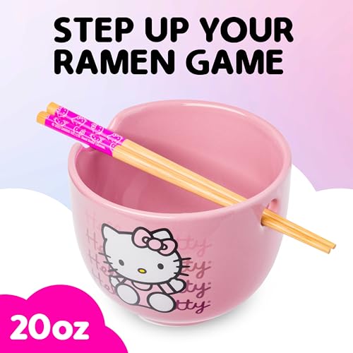 Silver Buffalo Sanrio Hello Kitty Waving Pink Ceramic Ramen Noodle Rice Bowl with Chopsticks, Microwave Safe, 20 Ounces,