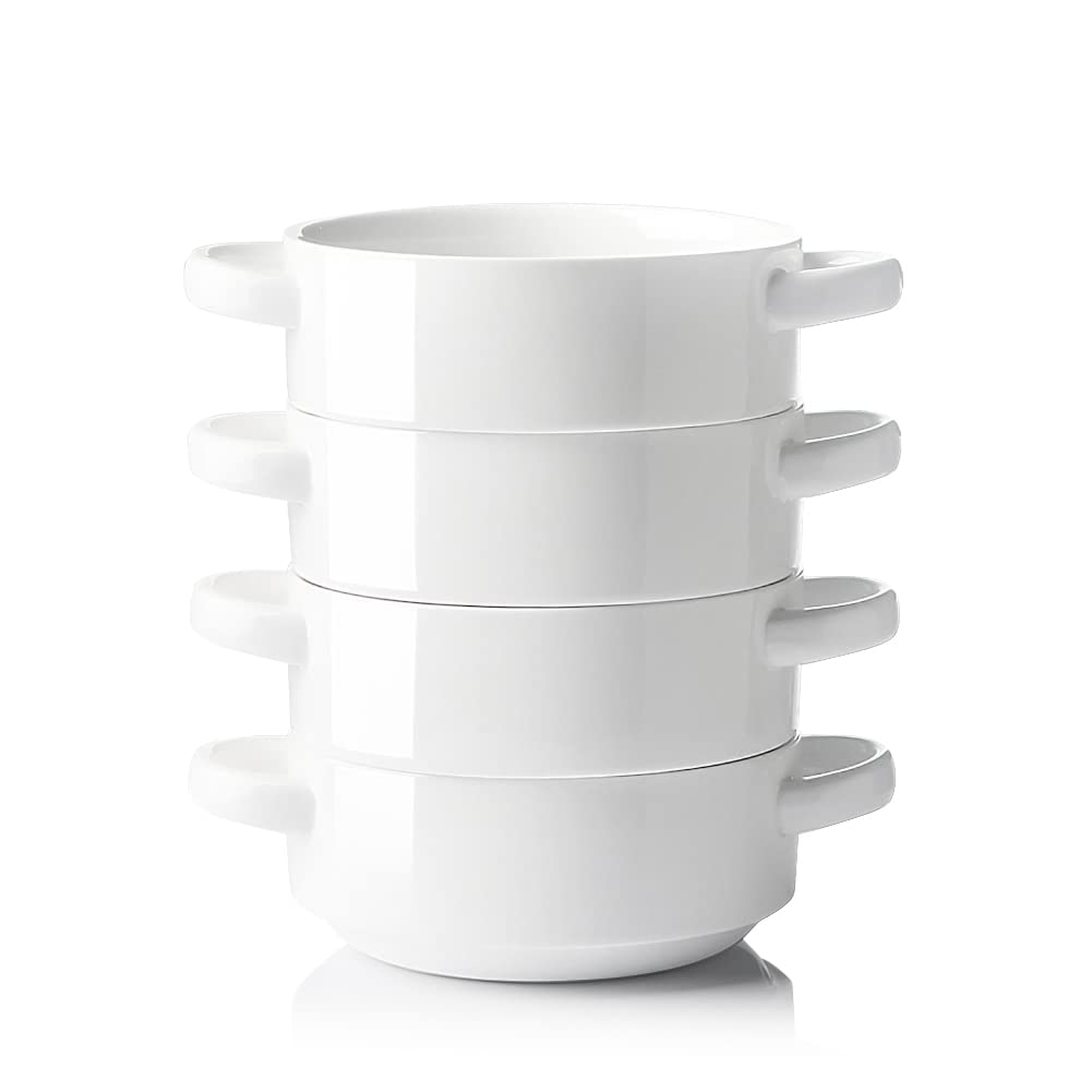 Sweejar Ceramic Soup Bowls with Double Handles, 20 Oz Stacked Bowls for French Onion Soup, Cereal, Pot Pies, Stew, Chill, Pasta, Set of 4 (White)