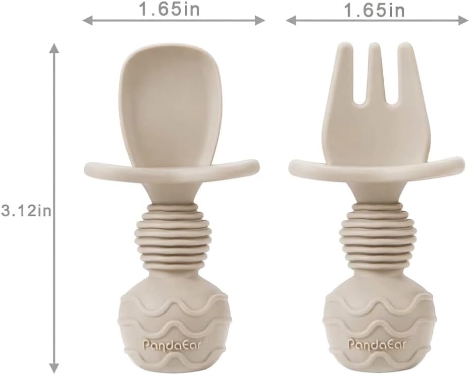 PandaEar Silicone Baby Feeding Utensils Set - 6 Pack Anti-Choke Spoons & Forks for 3 Months+ (Tan, Walnut & Grey)