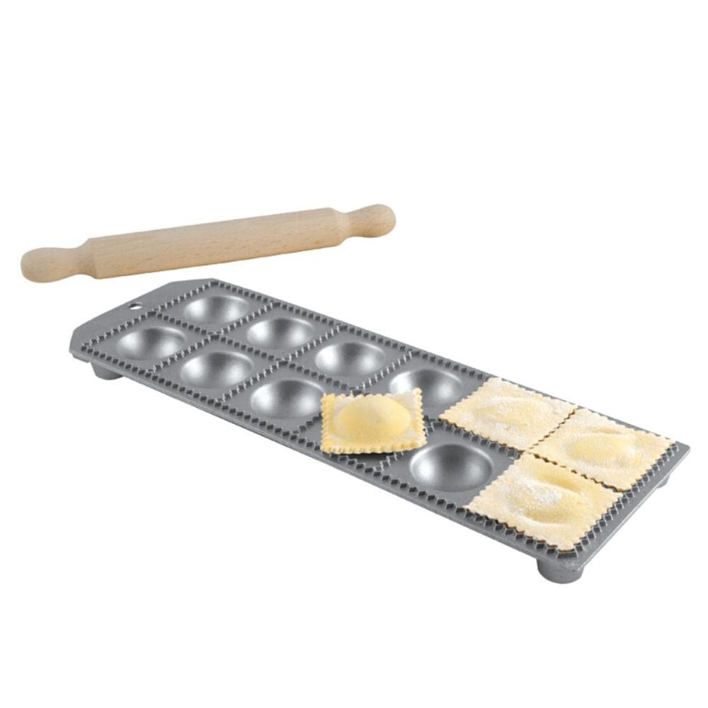 12-Hole Aluminum Round Ravioli Maker with Rolling Pin