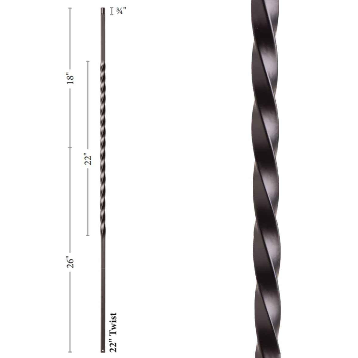 Affordable Stair Parts Long Twist Iron Balusters – Contractor Pack of 15, 1/2" x 44" Metal Stair Spindles, Wrought Iron Stair Railing Balusters Satin Black Finish