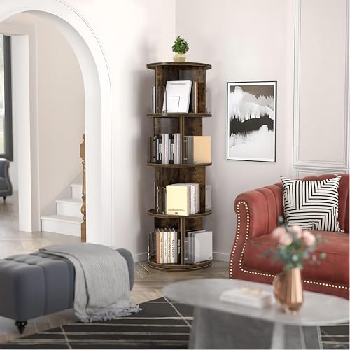 VECELO Rotating Bookshelf Tower, 360°Revolving Bookcase, Round Book Shelf Rotating, Stackable Storage Display Rack Floor Standing, Corner Bookshelf for Home Office, Deep Brown