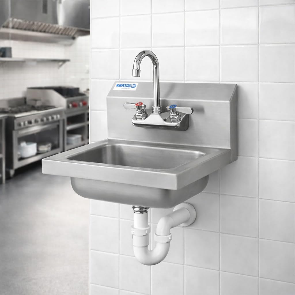 Kratos Commercial Hand Sink with Gooseneck Faucet | 14"W x 10"D x 5"H Stainless Steel Bowl | Wall Mounted Stainless Steel Handwashing Sink for Foodservice and Commercial Use | NSF Certified (28W-088)