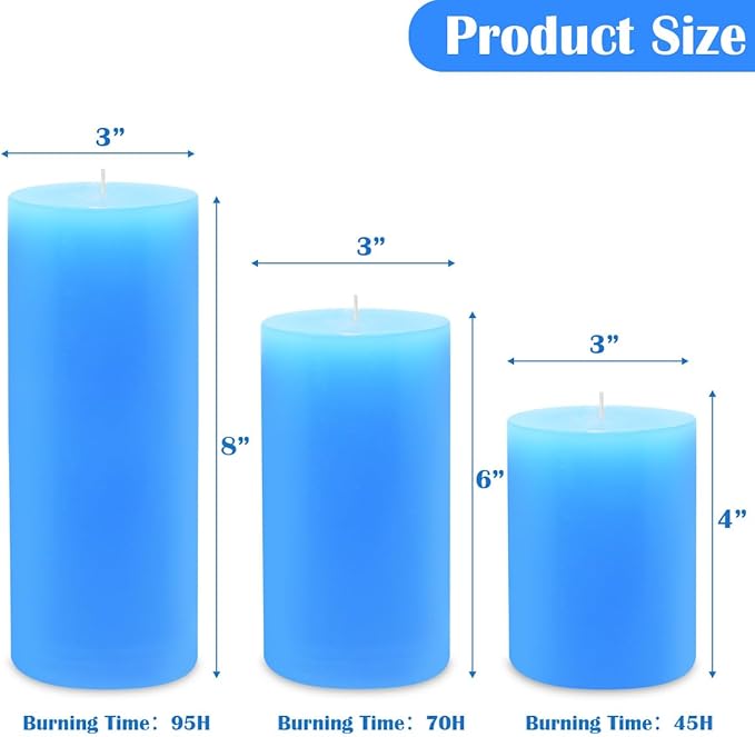 Blue Pillar Candles Set of 3 - Dripless Unscented - 3x4, 3x6 & 3x8 inches Decorative Candles for Home Decor & Table Centerpieces