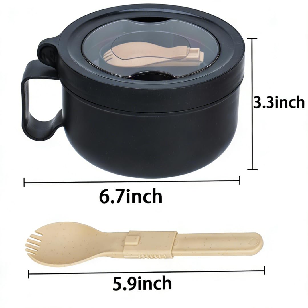Ronanemon 2 Pack Soup Bowl with Handles, Microwave Ramen Bowl with Lid for Soup and Instant Noodles,Oatmeal, Gumbo, Salad,BPA Free(Black Black)