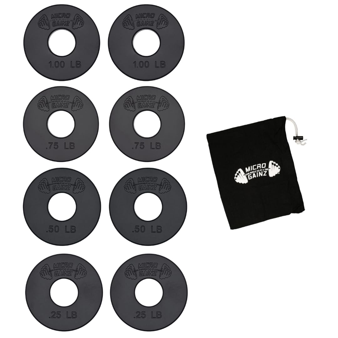 Micro Gainz Standard 1-Inch Center Hole Fractional 8 Piece Weight Plates with Bag, Designed for Standard 1-Inch Dumbbell & Barbell for Strength Training and Weight Lifting, Made in USA (Black)