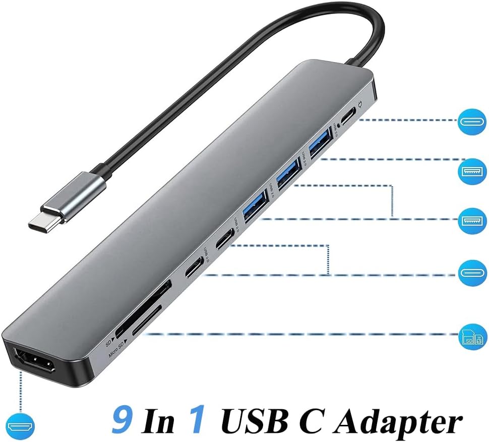 MVBOONE 9 1 4K 100W 3.0 in USB C Hub, Multiport USB C Adapter with HDMI, PD Charging, USB Port, SD/TF Card Reader, USB