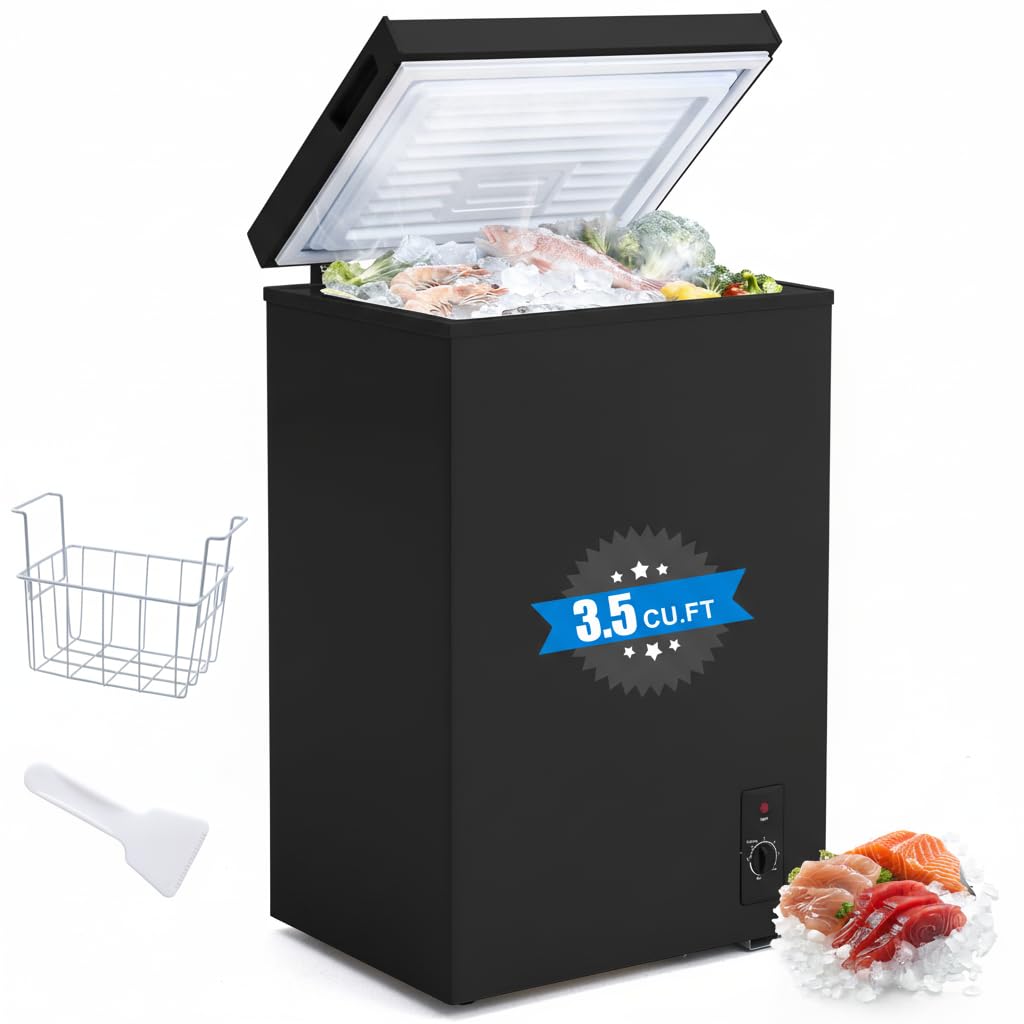 PLENTORA 3.5 Cu.Ft Small Chest Freezer Compact Deep Freezer with 7-Level Temperature Control, Rapid Cooling, Energy Efficient & Quiet for Home, Garage, Apartment, and Kitchen, Black