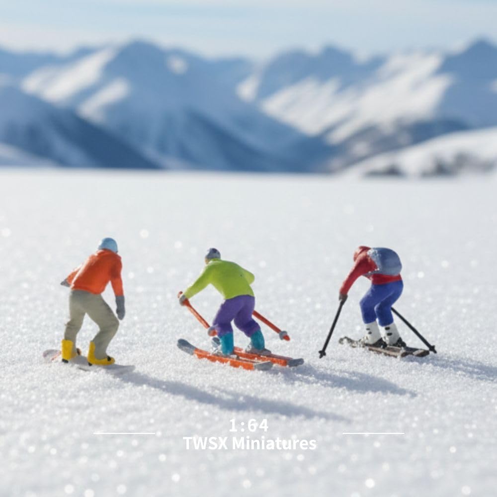 Ski Team Miniature Models - 3pcs 1:64 Scale Skiing Figures for DIY Landscapes & Creative Scenes