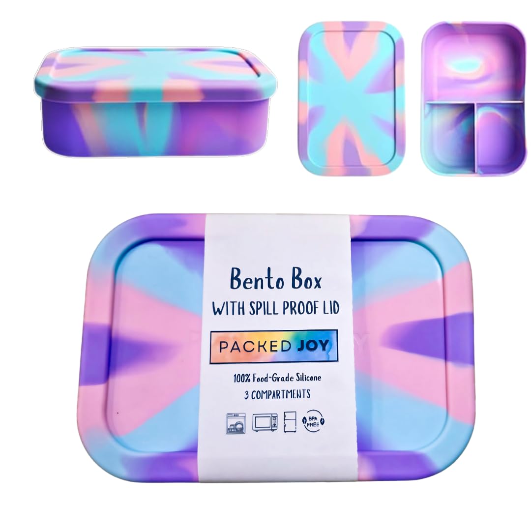 PACKED JOY Silicone Lunch Box for Adults & Kids, 40oz Bento Box | 3 Compartments, Leak-Proof Design, 100% Food-Grade Silicone | Microwavable & Portable For All Occasions (5.7x8.5in) (Purple)
