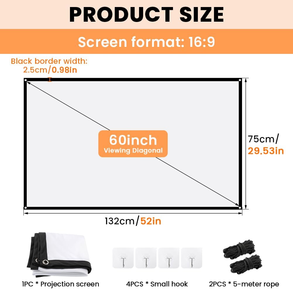 StepOK 16:9 60"|72"|84"|100"|120"|150" (60 inch Projector Screen, White Projector Screen, No Crease Home Theater