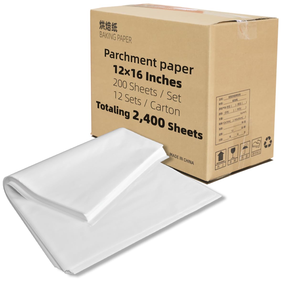 12x16 Inch - 2400 Bulk Sheets Precut Parchment Paper, Heavy-Duty Non-Stick Half-Sheet Liners for Baking Grilling Steaming Bread Cup Cake Cookie and More (White, 12"×16" (30.5×40.6cm) 2400 sheets)