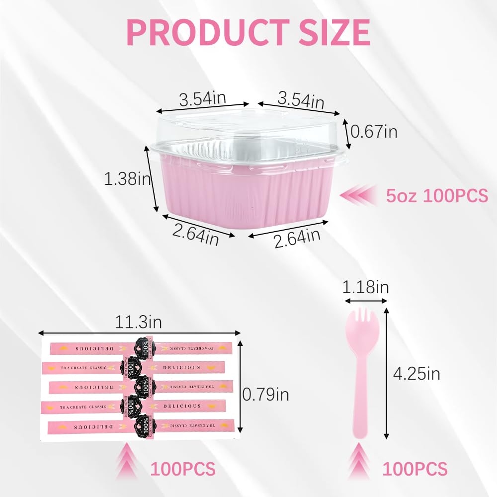 RETON 100 Pcs Mini Cake Pans with Lids Sporks and Stickers, 5oz Aluminum Foil Square Baking Cake Cups, Individual Cupcake Containers Foil Ramekins for Brownies Dessert Party Wedding Birthday (Pink)