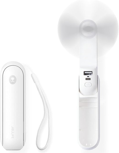 JISULIFE Portable Handheld Fan - Mini 3-In-1 USB Rechargeable with Power Bank & Flashlight | Ideal for Travel & Summer - White