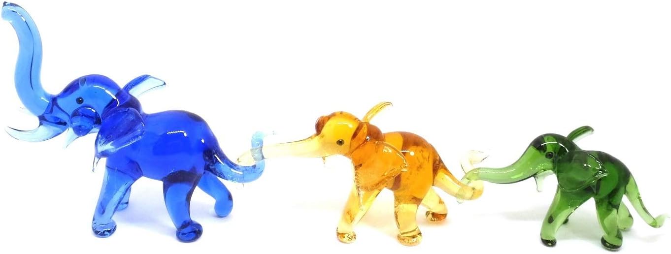 Skiennix Handmade Mini Elephant Family Figurines - Blown Glass Art, Multicolor Jungle Collectibles, 2" Size