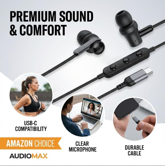 USB C Wired Earphones with Microphone & Volume Control, Type-C in-Ear Headphones with Portable Pouch & Noise Isolating