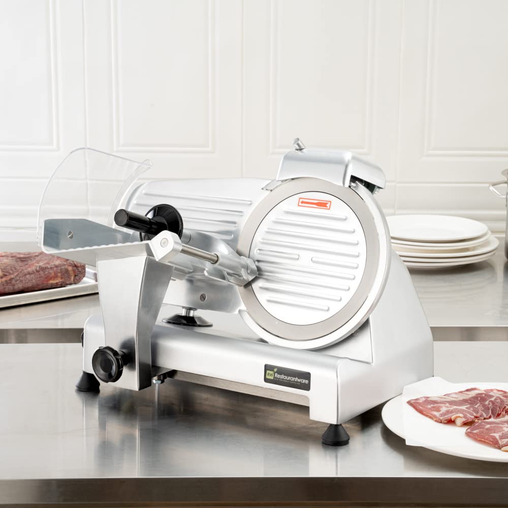 Restaurantware Bio Tek Meat Slicer 1 Adjustable Slice Size Manual Slicer - 320W Operation 0.25 Horsepower Stainless Steel Deli Slicer Built-In Sharpener Fixed Ring Guard