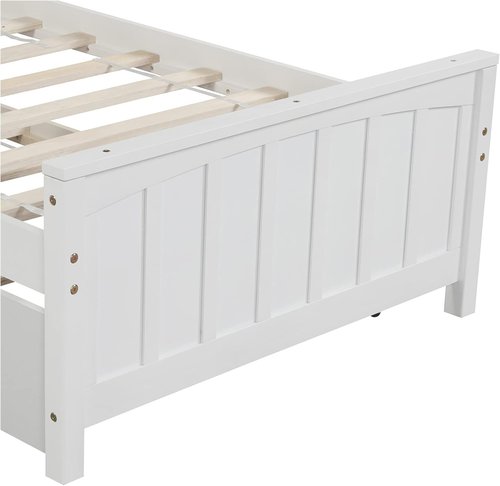 LostCat Twin Size Bed Frame - Trundle & Headboard, Solid Pinewood, No Box Spring Needed, White