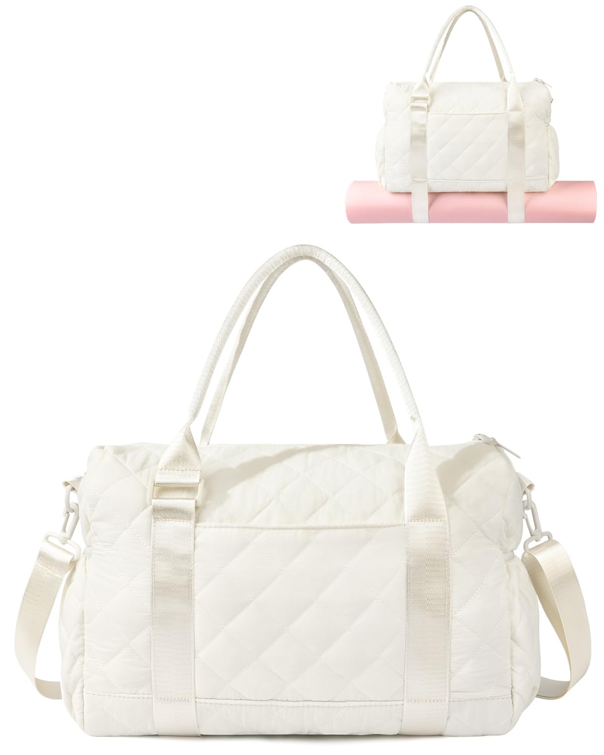 KUIRAN Gym Bag for Women with Yoga Mat Holder, Small Mini Gym Tote Bag Puffy Quilted Lightweight Sports Duffel Bag with Wet Compartment for Dance Yoga Workout Travel - Beige