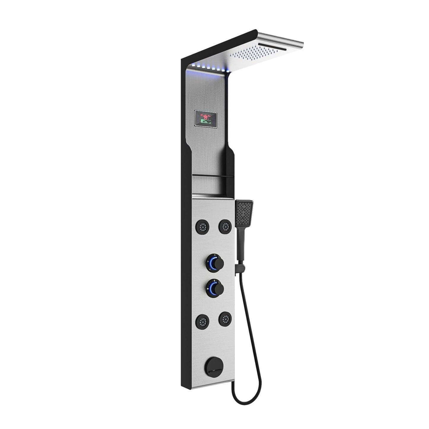 ELLO&ALLO LED Rainfall Shower Head and Rain Massage System with Body Jets Stainless Steel Bathroom Shower Panel Tower System with Shelf, Brushed Nickel&Black