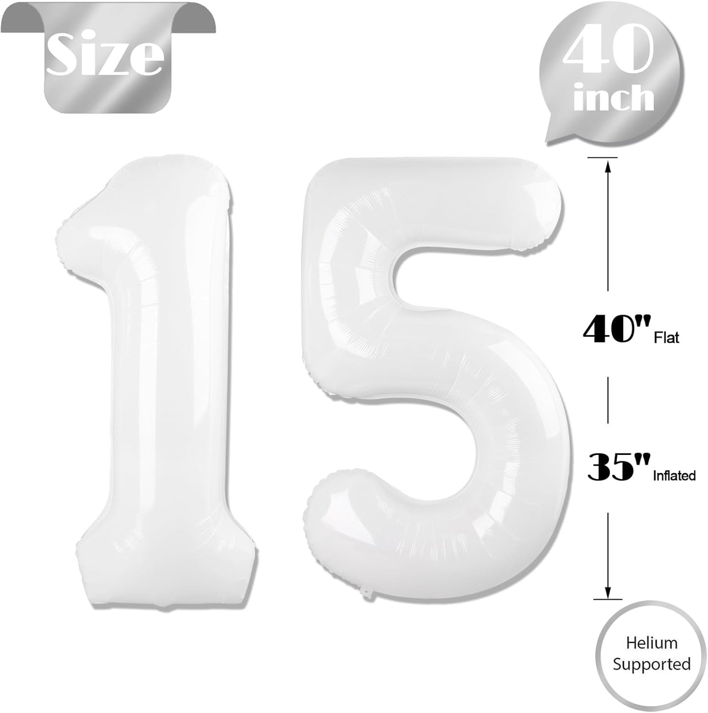 Number 15 Balloon - 40 Inch White Birthday Decoration for 15th Party Supplies | Perfect for Girls & Boys