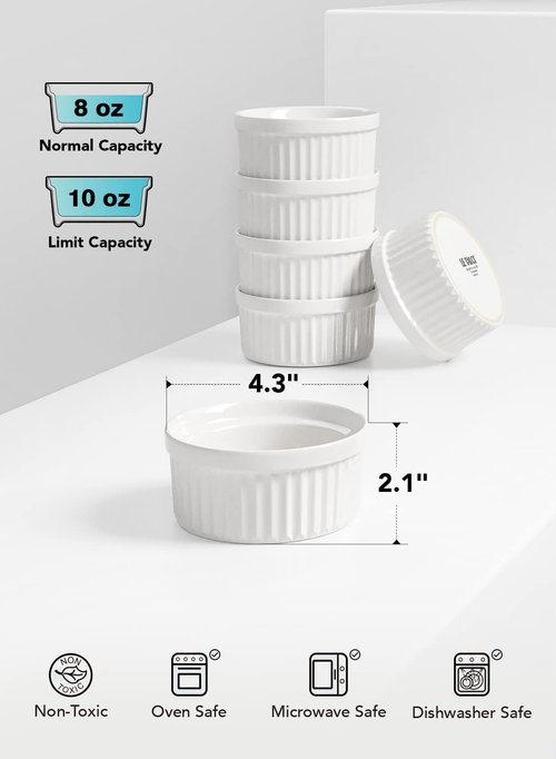 LE TAUCI Ramekins - 8 OZ Oven Safe Ceramic Custard Cups | Set of 6 White Souffle Dishes