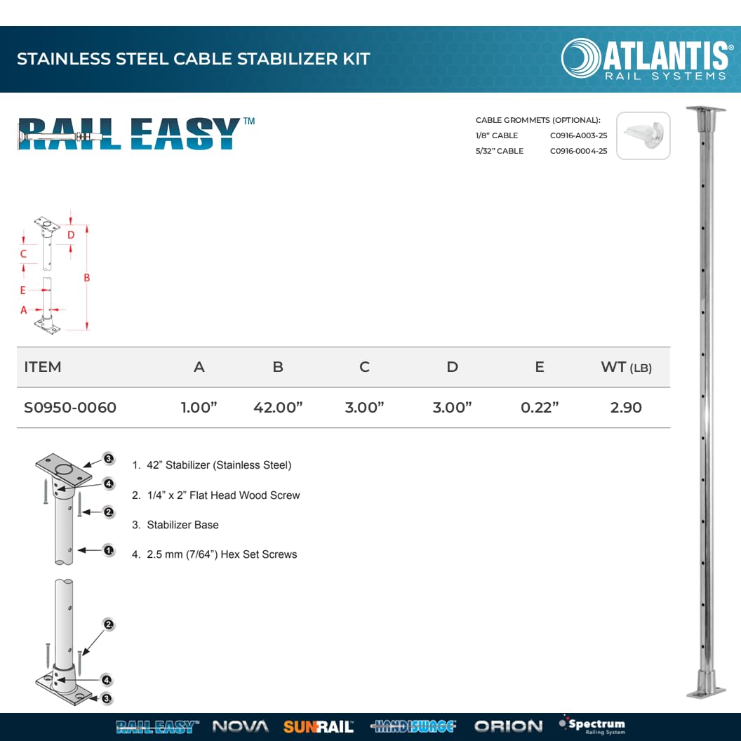 Atlantis RailEasy S0950-0060 (42") Stainless Steel Cable Stabilizer Kit