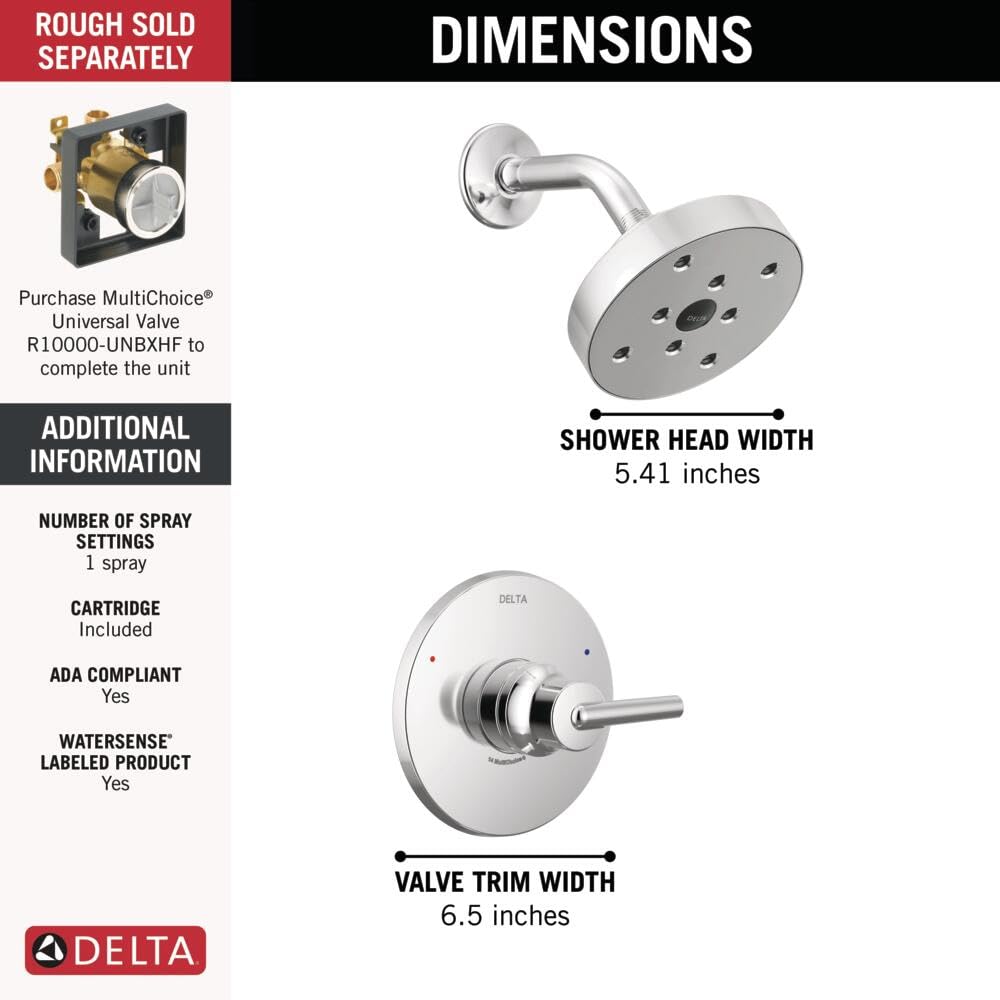 Delta Faucet Trinsic 14 Series Single-Function Shower Trim Kit with Single-Spray H2Okinetic Shower Head, Chrome T14259 (Valve Not Included)