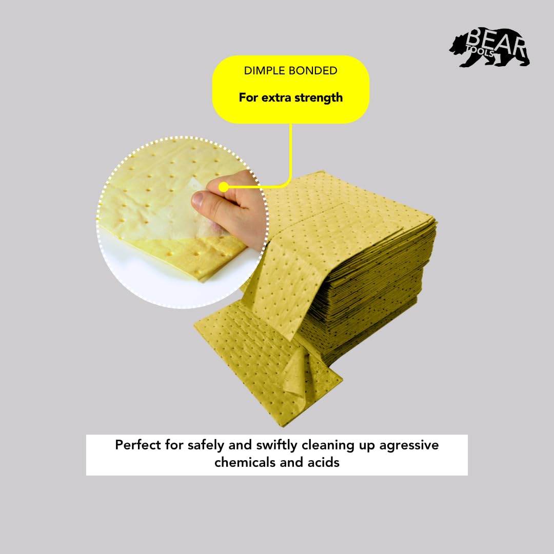 Chemical Absorbent Pads - Absorb Agressive Chemicals, Acids, Alkalis - Spill Control Sheets - 16" x 18", 100 Sheets, Sonic Bonded Core with Spun Bound Top Layer, Yellow - Indoor/Outdoor Use